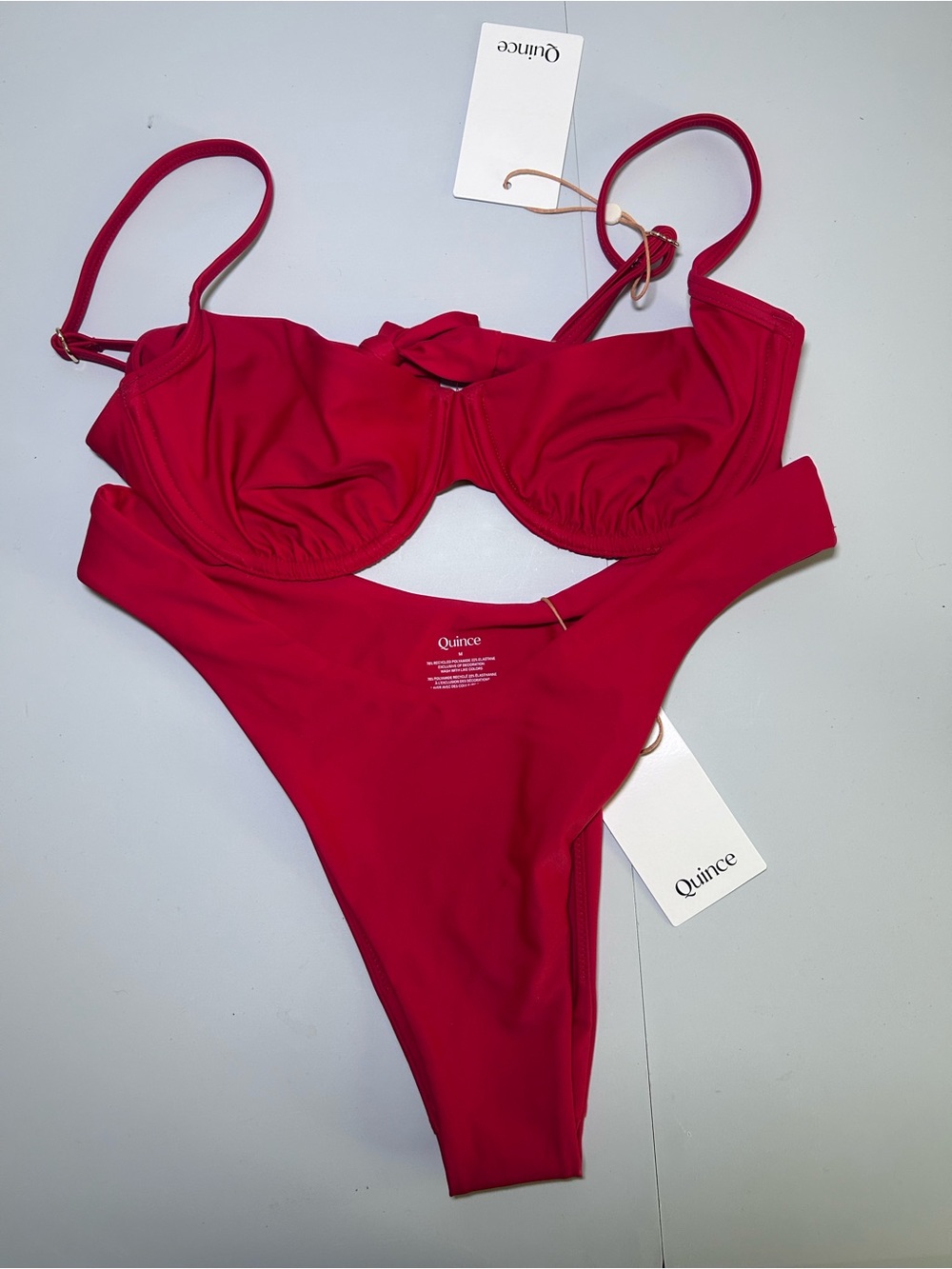 NWT Quince Cherry Red Underwire Bikini Set Medium Bow Top High Cut Bottom
